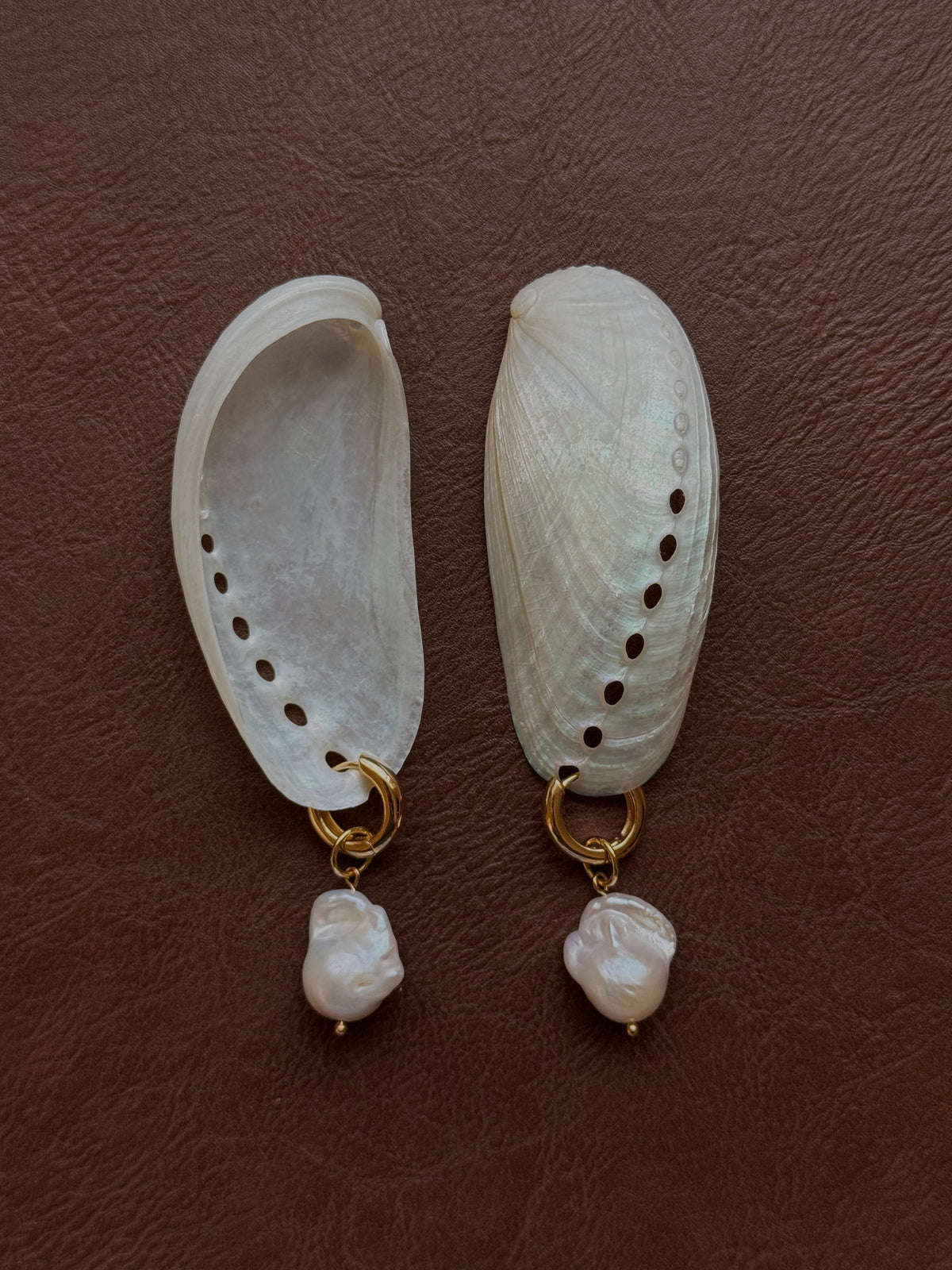 Baroque Pearl Hoops resting on two abalone shells on brown leather, top view